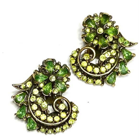 Clip Earrings HOLLYCRAFT 1950 Green Gold Vtg Estate Jewelry O30 - Picture 2 of 7